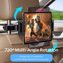 Foldable car headrest tablet holder with iPad in backseat.