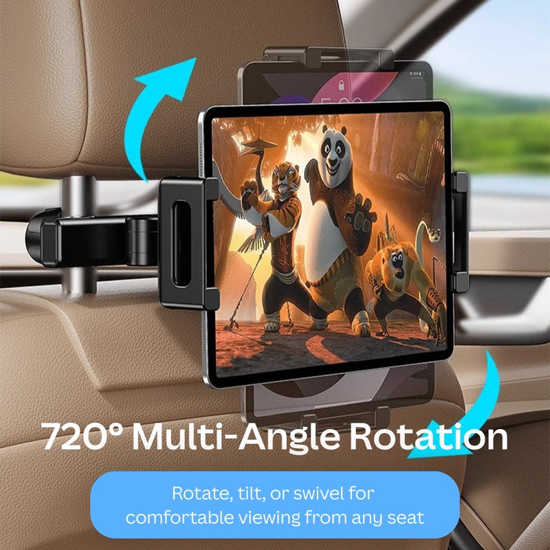 Foldable car headrest tablet holder with iPad in backseat.