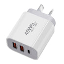 45W dual USB C wall charger with QC3.0 port close up