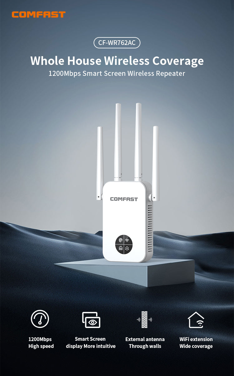 TEGAL - COMFAST Wifi Extender Signal Booster 1200Mbps Dual Band 5G 4 Antenna - OLED 1200 Dual Band