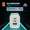 Portable USB wall charger with dual USB C and QC3.0 ports