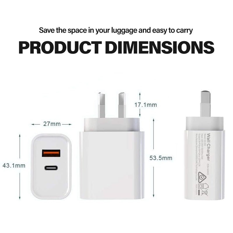 TEGAL - 20W USB Type-C Dual Port PD Fast Charger Power Adapter - PD Charger Only